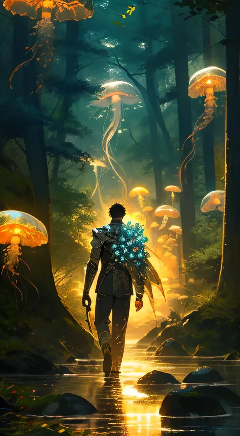 red jellyfish,jellyfishforest, 1man, armor suit, short hair, solo, mushroom, nature, outdoors, tree, walking, forest, water