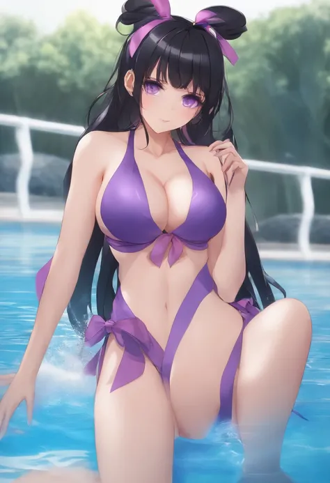 Masterpiece, best quality, nitid, ultra detailed, twintail hair,black hair,purple eyes, adult, medium breasts, thighs, ribbon, micro bikini, pool, annoyed, blush, wet body,