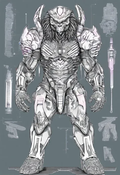 Predator，Whole body diagram，Silver-white armor，suitable background