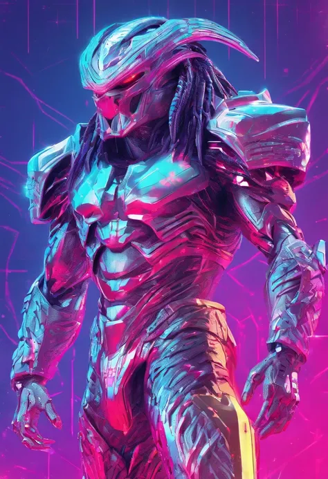 Predator，Whole body diagram，Silver-white armor，suitable background