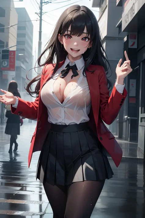 (masterpiece, best quality, ultra-detailed, 8k, wallpaper, photorealistic), (medium shot), beautiful girl, voluptuous body, perfect hands, (hmjy1), (exposed cleavage), (wet long hair), (blunt bangs), red eyes, (Yumeko Jabami), (wet school uniform, wet red ...