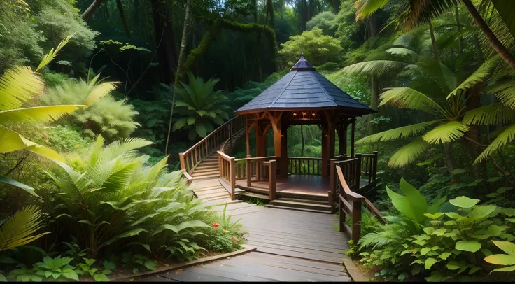 There is a wooden walkway leading to a gazebo in the woods, in a jungle environment, in a tropical forest, in serene forest setting, in a tropical forest, tropical forest, jungle setting, placed in a lush forest, forest setting, mountainous jungle setting,...