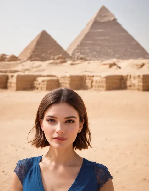 A girl instagram influencer in front the Giza Pyramds, (Canon EOS 5D Mark IV Camera, Famous for capturing vibrant colors and rich textures:1.2), upper body