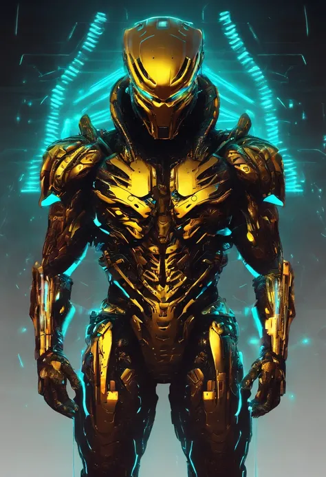 Predator，Whole body diagram，Golden armor，Authentic background