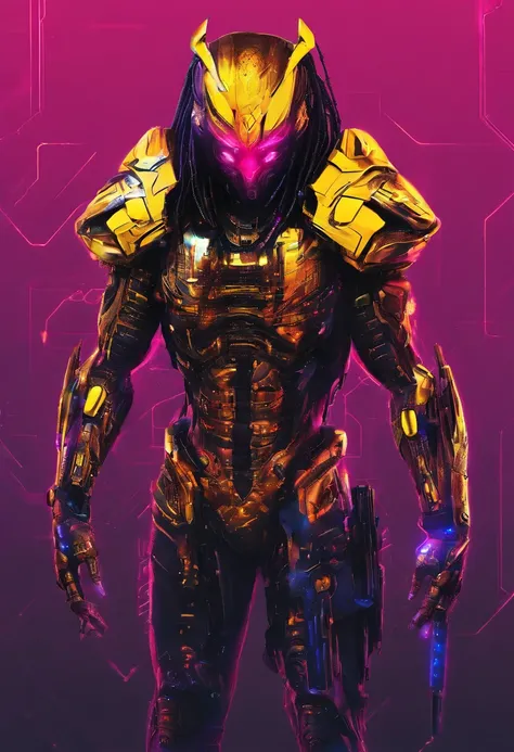 Predator，Whole body diagram，Golden armor，Authentic background