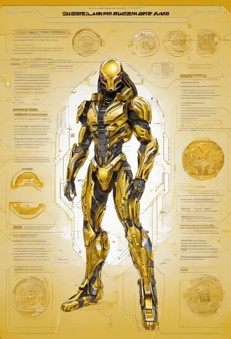 Predator，Whole body diagram，Golden armor，Authentic background