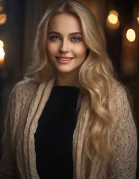 Masterpiece, absurdres,HDR ,highly detailed eyes and face,smiling, beautiful nod_woman, a woman with long blonde hair and a black sweater ,perfect nod_body,perfect nod_face,