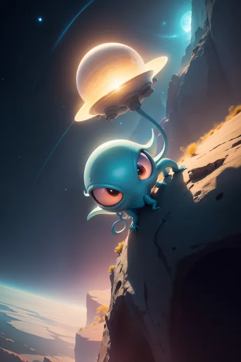 In this cartoon style illustration of alien in mars，((cyclopse)), Stable diffusion technology is used，Depicts a cute little octopus。I used pastel colors and smooth lines，Make the image of the little alien more realistic。nebule bottom of the sea，Use a backg...