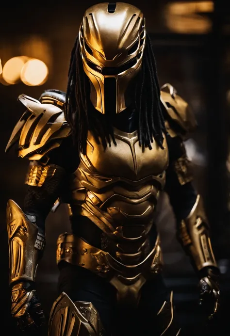 Predator，Whole body diagram，Golden armor，Authentic background