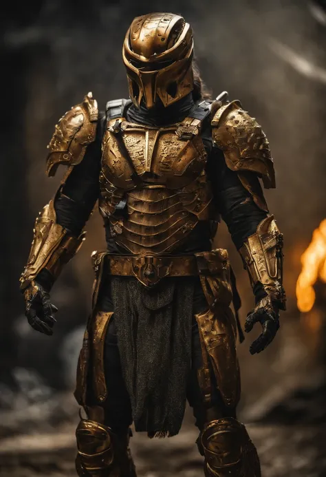 Predator，Whole body diagram，Golden armor，Authentic background