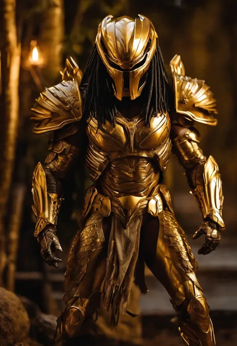 Predator，Whole body diagram，Golden armor，Authentic background