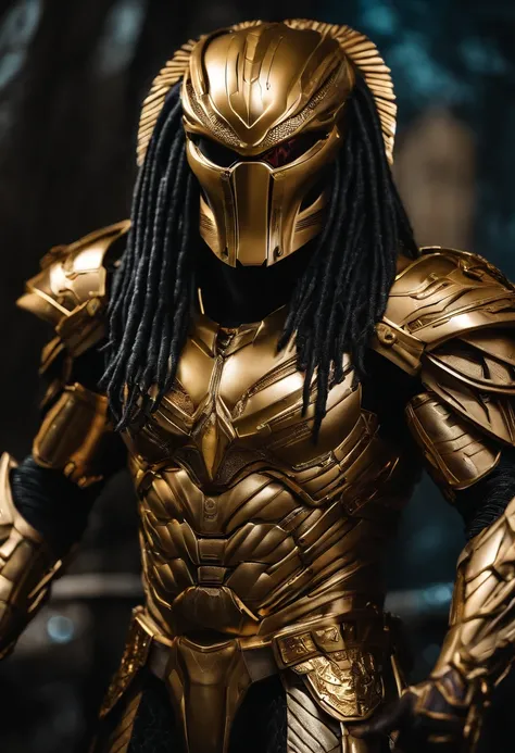 Predator，Whole body diagram，Golden armor，Authentic background