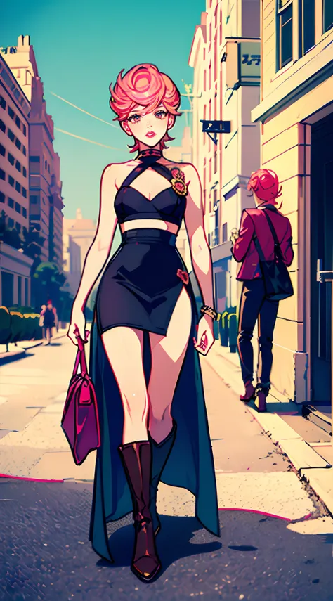 trish una, trishuna, trishjojo, lipstick, full lips, medium breasts, busy street, park, walking, skirt, black top, brown boots, ...