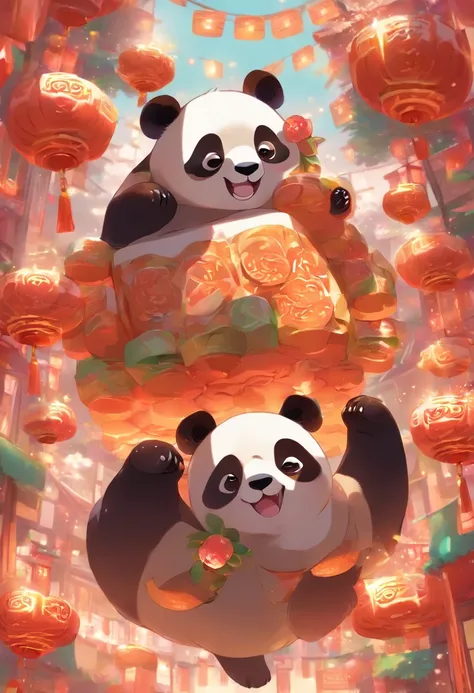 Two cute pandas holding mooncakes, children’s illustration style, 2D, bright colors, simple shapes, cartoonish expressions, festive atmosphere, mid-shot, white background