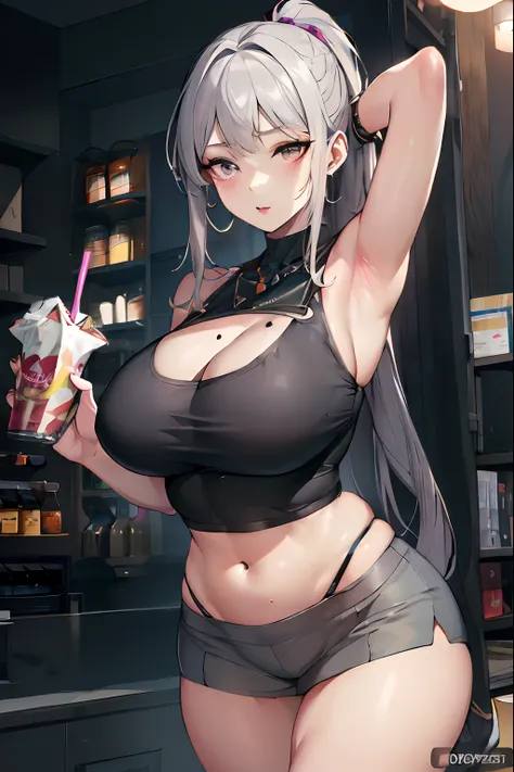 Anime - Imagen de estilo de una mujer con un top negro y pantalones cortos negros, small curvy loli, seductora chica de anime, anime girl drinks energy drink, Thicc, [ Arte digital 4K ]!!, con una bebida, Obras de arte al estilo de Guweiz, De Girls Frontli...