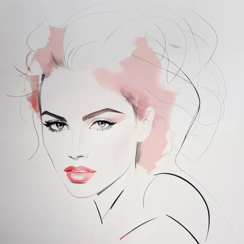 David downton fashion illustration, mustafa soydan drawing, line art sketch on a white background, beautiful woman face portrait, blue eyes, light pink lipstick, slim figure, elegant dress, airy, dream