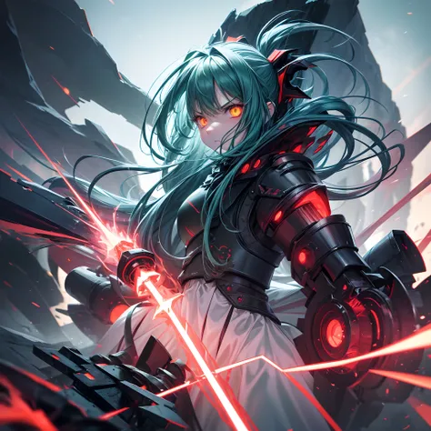 1 girl, solo, ray tracing, apocalyptic landscape, really zoomed out, red and green lightnings, exuding a demonic aura, very long blue hair, red fringes, bangs, wearing demonic white and black light armour, yellow eyes, angered expression, using saber claws