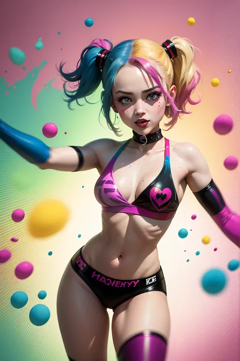 Harley Quinn amid Pastel Splashes, Harley Quinn twirls gracefully in a field of pastel splashes, creating a mesmerizing dance of colors.
Inspired by pop art and graffiti, Influenced by the works of Keith Haring and Roy Lichtenstein,Soft natural lighting, f...