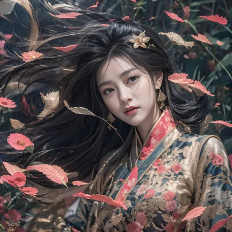 32K（tmasterpiece，k hd，hyper HD，32K）Long flowing black hair，ponds，zydink， a color， Xuzhou people （Silly girl）， （Silk scarf）， Combat posture， looking at the ground， long whitr hair， Floating hair， Carp pattern headdress， Chinese long-sleeved clothing， （abstr...