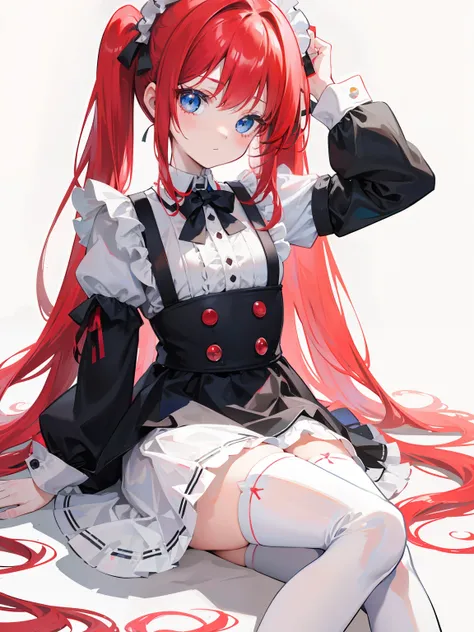 red hair,blue eyes,twintails,maid, long hair, long sleeves, gothic, solo, loli,Short skirt, white stockings,{{best quality}}, {{masterpiece}}, {{ultra-detailed}}, {illustration}, {detailed light}, {an extremely delicate and beautiful},little girl,cute,