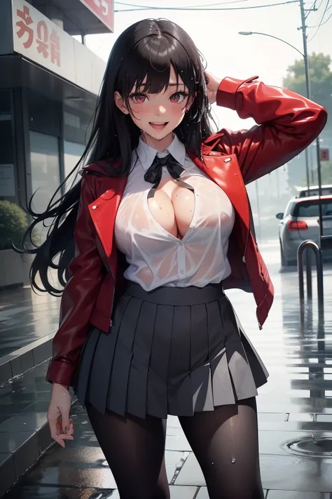 (masterpiece, best quality, ultra-detailed, 8k, wallpaper, photorealistic), (medium shot), beautiful girl, voluptuous body, perfect hands, (hmjy1), (exposed cleavage), (wet long hair), (blunt bangs), red eyes, (Yumeko Jabami), (wet school uniform, wet red ...