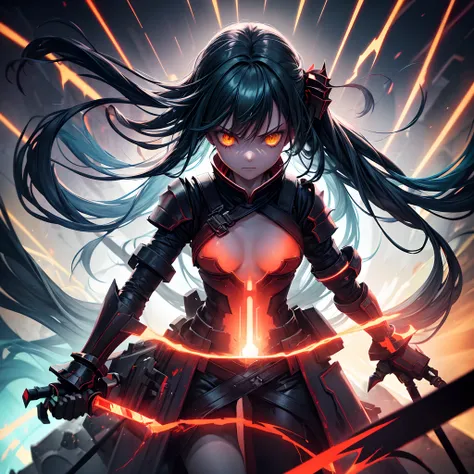 1 girl, solo, ray tracing, apocalyptic landscape, really zoomed out, red and green lightnings, exuding a demonic aura, very long blue hair, red fringes, bangs, wearing demonic white and black light armour, yellow eyes, angered expression, wearing saber cla...