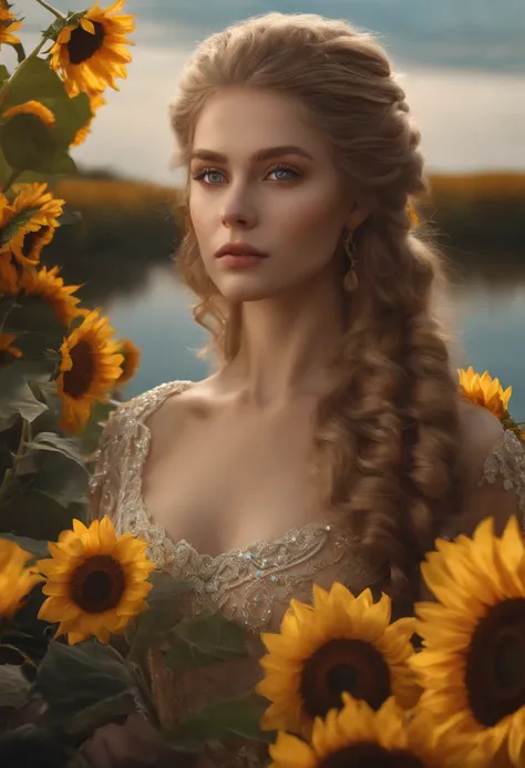 (  Absurdly , High quality , ultra detailed ) ,( hand detailed ) , 1girl, solo, mature, very long hair, sunflower hair , beautiful crystal eyes ( eye detailed ) Baroque, Necklace, long dress, long sleeve, elegant, colorful, highest detailed, upper body , w...