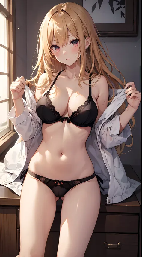 Top image quality、8K picture quality、Top image quality、Photorealistic image quality、Pull panties to the side、1girl in、blonde  hair, 校服,flat breast, cleavage of the breast, Pull panties to the side, see -through, nip, disheveled bra, side-tie panty, red blu...