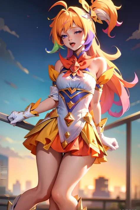 star guardian seraphine, blonde hair, orange hair, multicolored hair, multicolored clothes, dress, hair bow, detached sleeves, m...