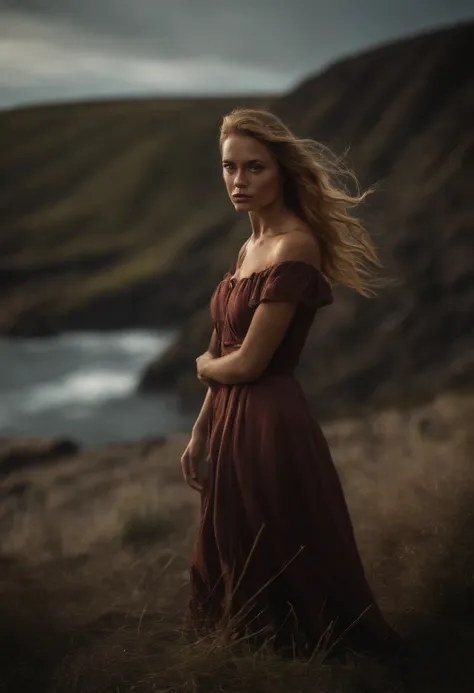 deep shadow, sinister, award winning photo, best quality, masterpiece, upper body, woman, freckled face, windblown blonde hair, emerald eyes, modern strapless dress by Jeremy Lipking, by Antonio J. Manzanedo, by lee jeffries nikon d850 film stock photograp...