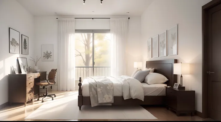 a minimalist bedroom in white with natural elements, in the style of floral still lifes, 32k uhd, carolyn blish, soft renderings, hinchel or, soft brush strokes, multi-layered