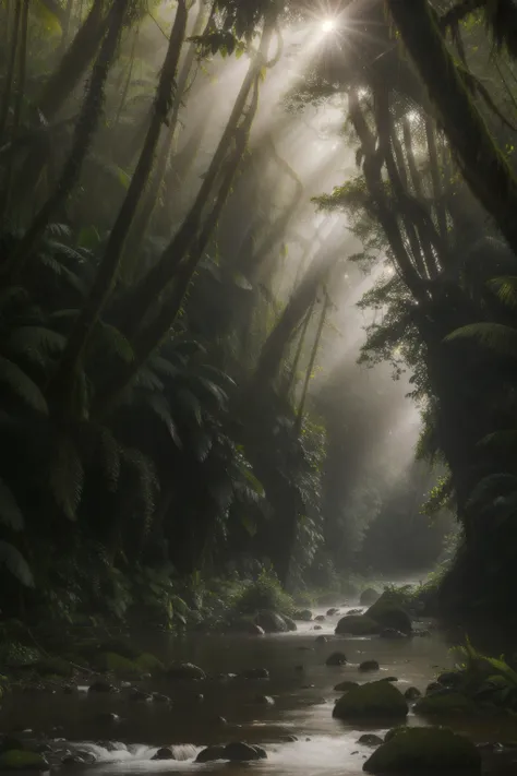 (best quality:1.4), highres, masterpiece, rain forest, soft light, rainy, river , fog, morning sunlight, (calming)