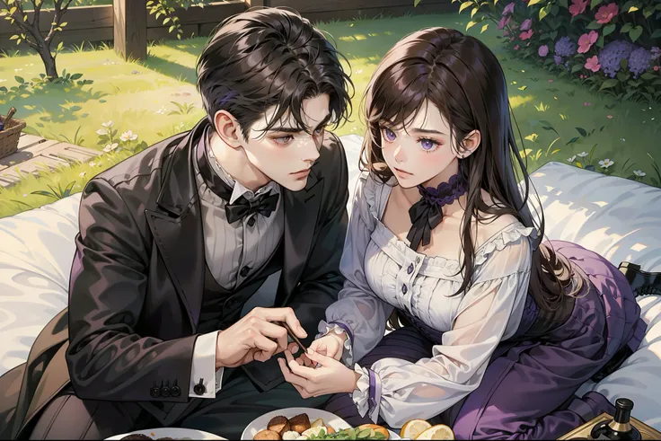 Couple, 1 girl 1 boy, different hair color, girl with long black bang hair and purple eyes, boy with short brown hair and grey eyes, romance, Victorian era, picnic