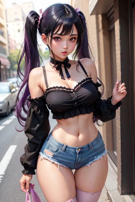 Masterpiece, best quality, nitid, ultra detailed, twintail hair,black hair,purple eyes, adult, medium breasts, thighs, ribbon, bra, torn jeans, midriff, street, blush, pink lips, neck slave