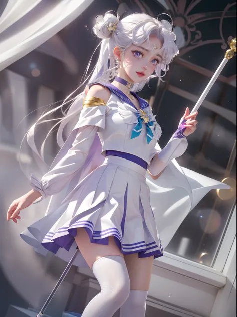 Photorealistic, (Hyperrealistic:1.2), (Extremely detailed Cg Unity 8K wallpaper), (Ultra-detailed), Masterpiece, Best quality, 1girll, Mariner Universe,, full bodyesbian,  Solo, Long hair, Skirt, hair adornments, double tails, jewelry, Purple eyes, White h...