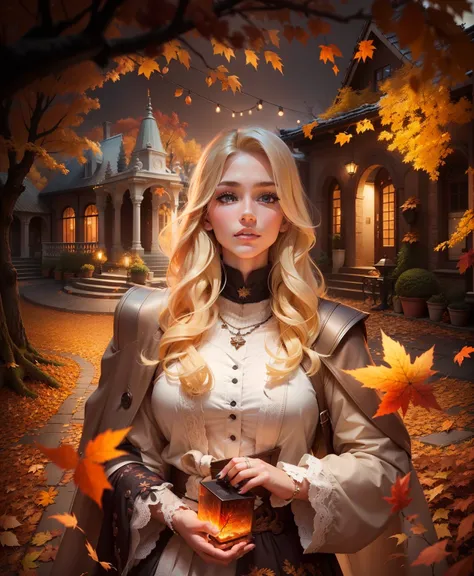 a handsome female, with blonde hair, square, autumn, aesthetics, with beautiful decorations