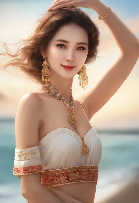 (upper body), (best quality:1.1) ,(photorealistic:1.1), (photography:1.1), (highly detailed:1.1), looking at viewer,armlet, Jade bracelet, eyelashes, happy, medium breasts,beautiful detailed girl, (extremely detailed eyes and face), (lighting on face),neck...