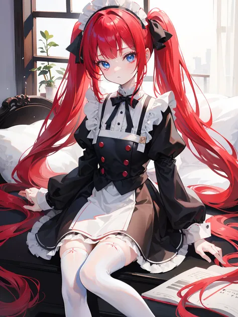 red hair,blue eyes,twintails,maid, long hair, long sleeves, gothic, solo, loli,Short skirt, white stockings,{{best quality}}, {{masterpiece}}, {{ultra-detailed}}, {illustration}, {detailed light}, {an extremely delicate and beautiful},little girl,cute,