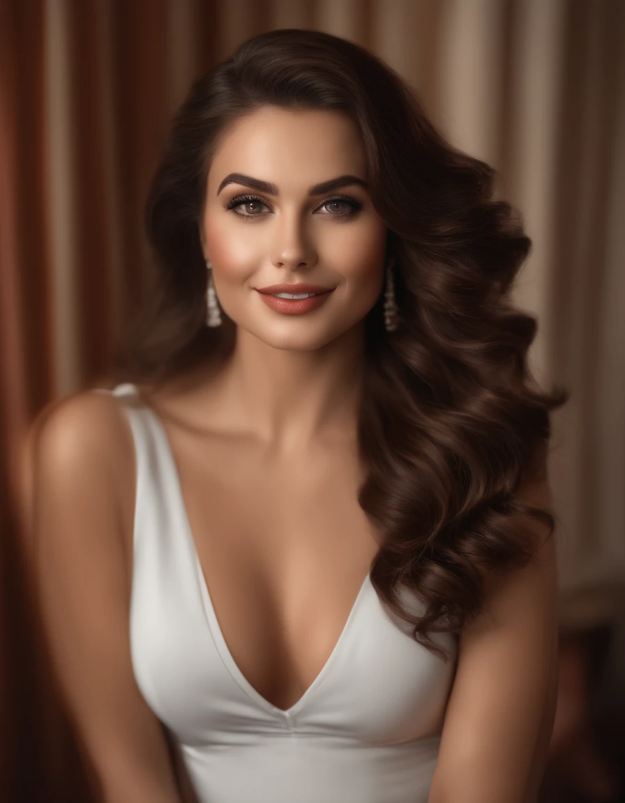 best quality,4k,8k,highres,masterpiece:1.2,ultra-detailed,realistic:1.37,portraits,professional,studio lighting,beautiful detailed eyes,beautiful detailed lips,long eyelashes,29 year old woman,smiling,brown eyes,rosy cheeks,shiny red lips,glowing skin,brun...