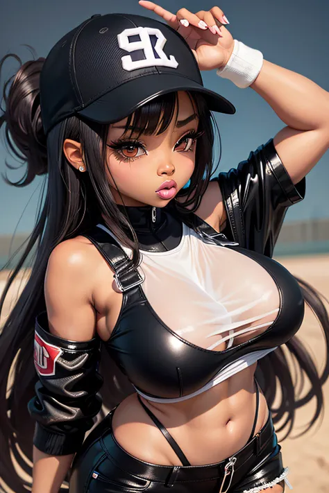 super deformed chibi bratz cartoon sexy black woman huge tits in a white seethru bodysuit and black baggy pants and baseball hat