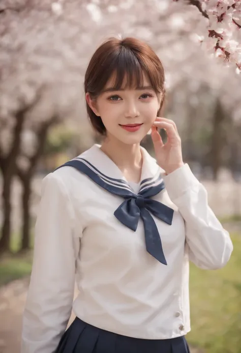 (realistic:1.2), best quality, ultra high res, 
4k, instagram,
higly detailed, 
1girl , highschool student,
(sailor school uniform:1.2),long sleeve, 
short hair,  bangs,
smile,
at the school, 
cherry blossom, 
full body shot,