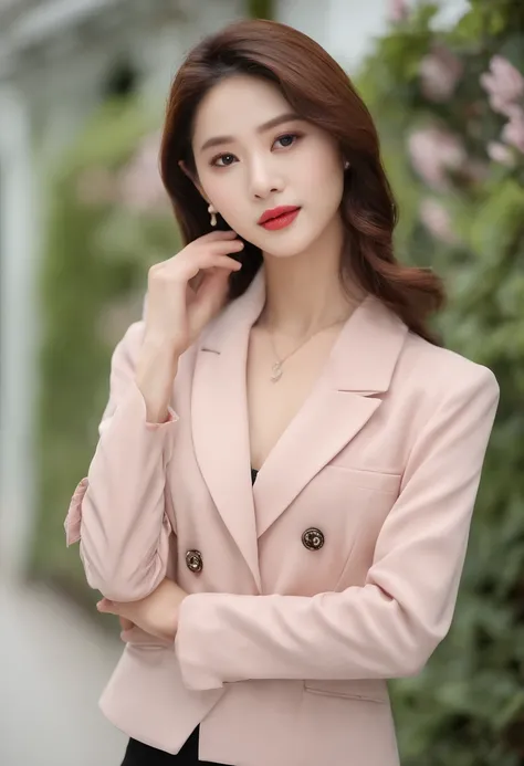 Gentle and beautiful woman, half-body photo, delicate sexy collarbone, charming oval face, Double eyelids, Smart Peach Blossom Eyes, Pink lips, small-nose, bare shoulders​, Focused face, facial closeups, hyper HD, super detailing, Graceful standing, Black ...