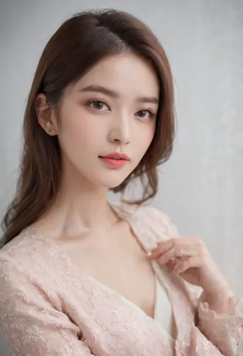 Gentle and beautiful woman, half-body photo, delicate sexy collarbone, charming oval face, Double eyelids, Smart Peach Blossom Eyes, Pink lips, small-nose, bare shoulders​, Focused face, facial closeups, hyper HD, super detailing, Graceful standing, Black ...