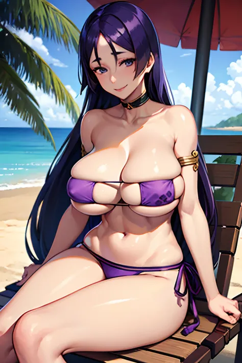 masterpiece, best quality,huge breasts, highres, hmmr1, minamoto no raikou (fate), eyepatch bikini, purple bikini, armlet, choker, collarbone, bare shoulders, ribbon, beach,sitting, cowboy shot, smile,beach chair,curvy