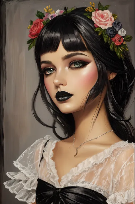 scarlet sweet Caroline, ssmile, Strong Gothic Makeup, Headband on black hair, Big bangs to the eyes, in a classic doll dress with a corrugated hem and tulle ruffles, A cats head sticks out of the pocket of his dress, Gloomy foggy atmosphere, surrealism, Th...