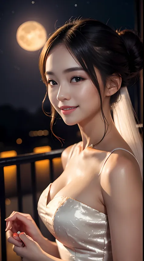 1girl, big moon, upper body, cinematic, Mid-autumn festival, smiling, close lips, chinesse white dress, look at view, long hair, bun hair,