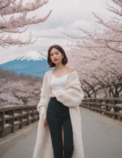 travellers, in the style of rap aesthetics, girl, Tokyo, Japan, make for a memorable photo, The background is to theJapans Mount Fuji and flying cherry blossoms，photo taken with fujifilm superia, charly amani, oversized portraits, babycore, upper body