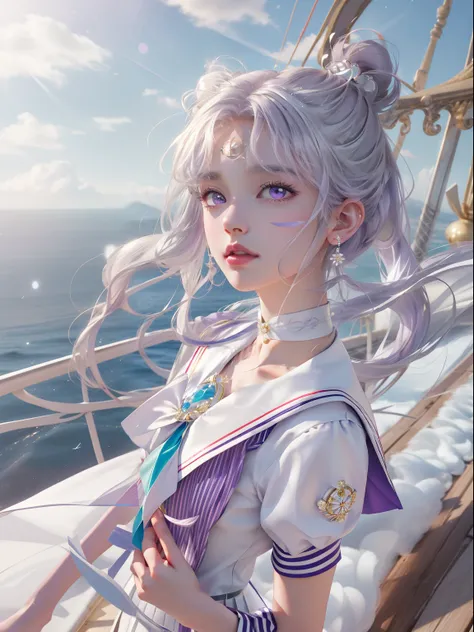 Photorealistic, (Hyperrealistic:1.2), (Extremely detailed Cg Unity 8K wallpaper), (Ultra-detailed), Masterpiece, Best quality, 1girll, Mariner Universe,, full bodyesbian,  Solo, Long hair, Skirt, hair adornments, double tails, jewelry, Purple eyes, White h...