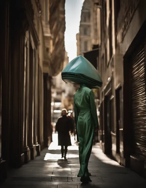 Street photography capturing an unexpected encounter with an alien visitor in a bustling urban setting. The alien, disguised as a human, walks along a busy sidewalk, its alien features subtly hinted at through unique clothing and accessories. The photograp...