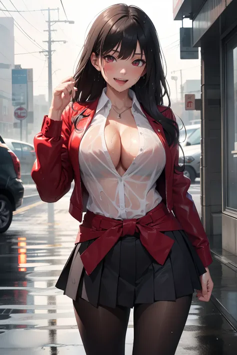 (masterpiece, best quality, ultra-detailed, 8k, wallpaper, photorealistic), (close-up shot), beautiful girl, voluptuous body, perfect hands, (hmjy1), (exposed cleavage), (wet long sleek hair), (blunt bangs), red eyes, (Yumeko Jabami), (wet school uniform, ...